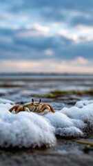 Crab on sunlit beach amid ocean waves and clouds at sunrise