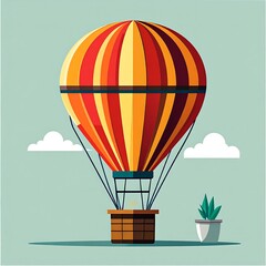 Colorful Hot Air Balloon Cartoon Illustration with Light Blue Background, Simplified Air Balloon Art with Minimalist Style Landscape