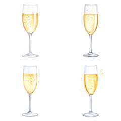 Four champagne flutes sparkling on transparent background