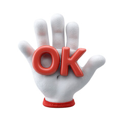 Red O K letters on white glove isolated on a transparent background hand