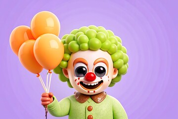 Joyful 3d rendered clown with bright orange balloons and green curly hair on a purple background