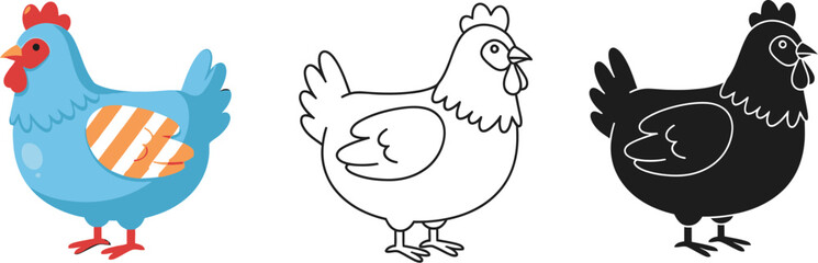 Three cartoon chicken illustrations for kids coloring pages and educational resources use
