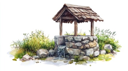 Watercolor painting of stone well with wooden roof and water flowing, peaceful garden scene art print silhouette