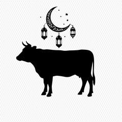 Silhouette of a cow beneath a crescent moon and hanging lanterns.
