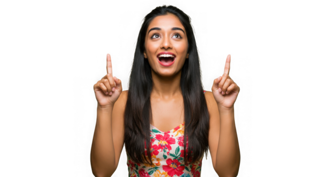 Excited young woman pointing upwards with both index fingers isolated on transparent background