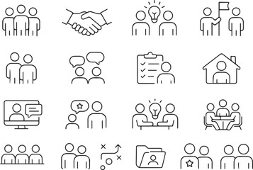 Collaboration Line Icons Pack Teamwork, Brainstorm, Handshake, Strategy, Remote Work, Communication, Support, Partnership Symbols