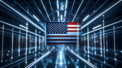 American flag in a futuristic, digital tunnel.  Neon blue light streaks and data points surround a framed image of the American flag