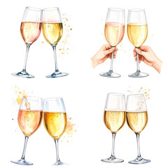 Set of champagne glasses celebrating, transparent background, winter festivities