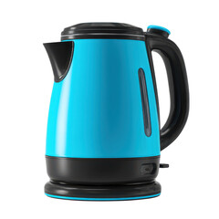Bright blue electric kettle with black accents isolated on a transparent background