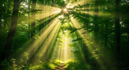 Naklejka premium Sunlight streaming through forest trees creating magical and serene atmosphere