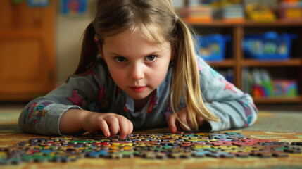 A young girl with blonde hair in pigtails lying on the floor and doing a jigsaw puzzle intently
