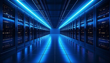 A high-tech futuristic AI data center illuminated by glowing blue neon lights, showcasing advanced server racks, cutting-edge technology and sleek digital infrastructure in a modern server room