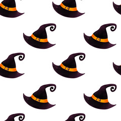 Seamless pattern of witch hats arranged in a repeating watercolor style. Perfect for Halloween decorations, fabrics and themed designs.