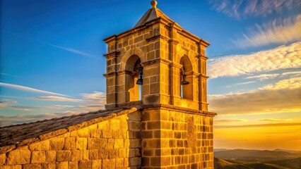 Golden Hour Illumination of a Stone Bell Tower at Sunset