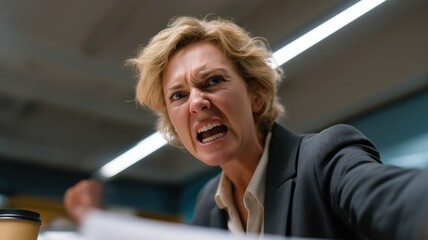 Angry caucasian female adult yelling in office setting with intense expression