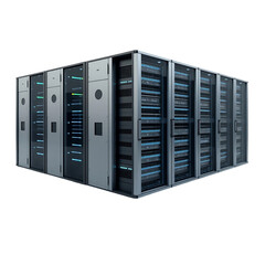  multiple server racks modern technology data storage on white background