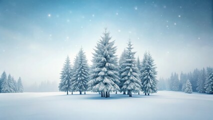 Naklejka premium Serene Winter Wonderland Snow-Covered Evergreens in a Misty, Snowy Field Under a Starry Sky