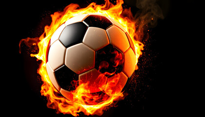 Fototapeta premium Intense Football Engulfed in Blazing Flames and Sparks Against a Dark Background.