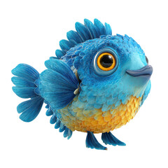 Cartoon blue fish with yellow belly and large eyes isolated on a transparent background