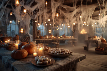 Spooky Halloween party scene with cobwebs, pumpkins, and candy Atmospheric, festive, autumnal , background, ghosts