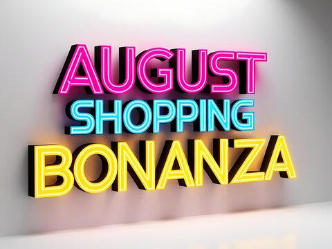 Neon sign advertising August shopping bonanza.