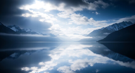 Obraz premium Majestic mountain lake scene with perfect reflections and dramatic cloudy sky