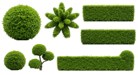 Collection of green bushes and hedges isolated on transparent background