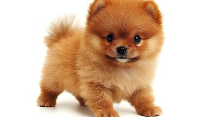 Obraz premium Adorable small fluffy puppy standing and looking forward curiously