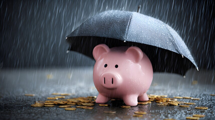 A conceptual image of a piggy bank under a rain-shielding umbrella, illustrating economic security and emergency funds.