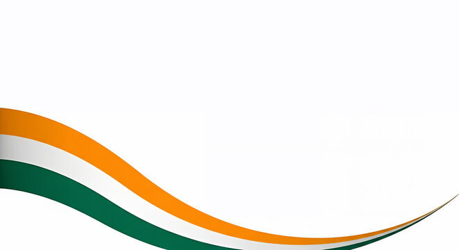 A clean, abstract design featuring a dynamic wavy ribbon in the colors of the Indian flag &ndash; saffron, white, and green &ndash; set against a bright white background