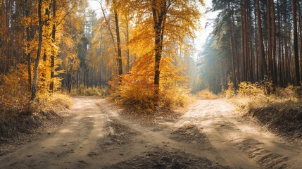 A forked path through a golden autumn forest, symbolizing life's choices under soft sunlight.