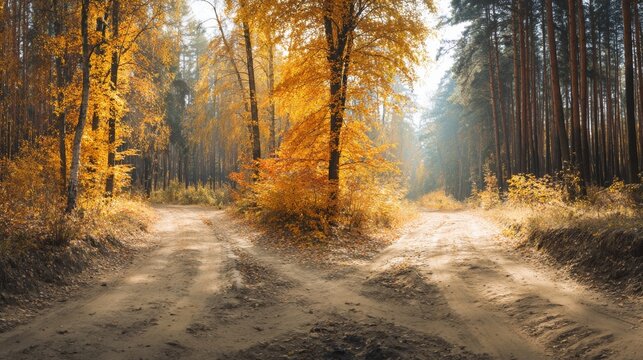 A forked path through a golden autumn forest, symbolizing life's choices under soft sunlight.
