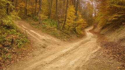 Fototapeta premium A forked path through a golden autumn forest, symbolizing life's choices under soft sunlight.