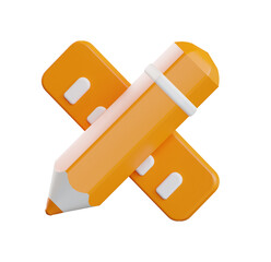 3D Render:  Playful Orange Pencil and Eraser, Modern Design, Creative Mood,  Bright and Fun,  Isolated on Black Background.