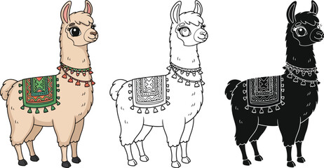 Cute cartoon llama vector illustration with saddle for kids coloring page and design
