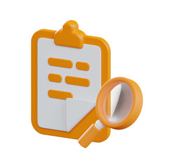 3D Render: Orange Checklist with Magnifying Glass;  Modern, Clean, and Efficient Design.