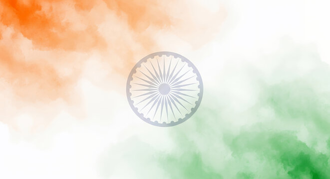 Abstract watercolor illustration of the Indian flag. Featuring the Ashoka Chakra in the center. The artwork has soft gradients of saffron, white and green colors - Powered by Adobe