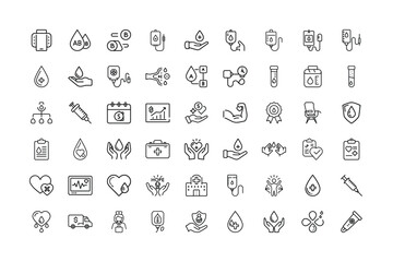 Blood donation vector art of collection of medical icons related to blood donation and healthcare