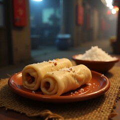 Chinese steamed buns served on a plate with chopsticks ready to eat
