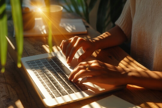 Overhead shot of hands using smartphone and laptop on a wooden desk at a coworking space, modern gadgets, notebook and coffee mug, soft shadows, top-down composition, digital lifestyle concept,
