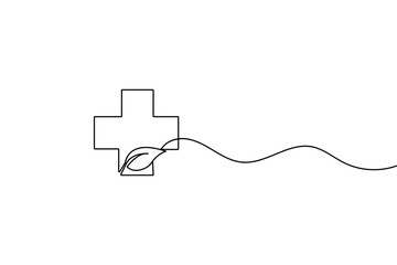 Minimalist medical cross one line art isolated in outline vector drawing for healthcare and emergency
