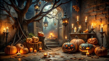 Obraz premium Photo of an eerie halloween scene unfolds with numerous carved pumpkins and glowing candles illuminating an old stone house with a grand tree