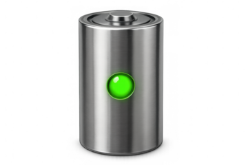 Metallic cylindrical battery glowing green, signaling full charge and power storage against transparent backdrop