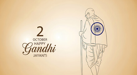 Illustration of Mahatma Gandhi walking, commemorating Gandhi Jayanti on October 2nd. The graphic depicts Gandhi's back with the Indian flag symbol