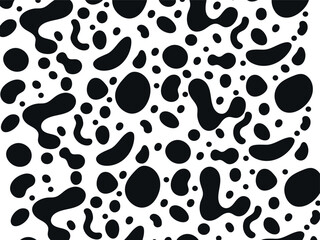 A seamless repeating pattern of irregular black blobs and circles on a white background.