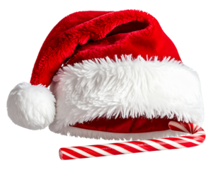 Santa Hat Wrapped Around a Candy Cane, Angled Close-Up, Isolated PNG
