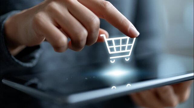 Businesswoman engaging in online shopping on a tablet, confidently pressing the add to cart button while browsing products video 4k