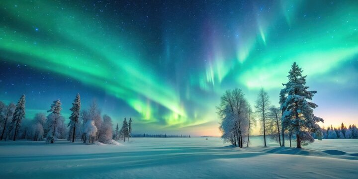 Winter Wonderland Illuminated by Aurora Borealis A Serene Snowscape with Majestic Trees under a Celestial Display