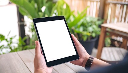 hand holding tablet with blank white screen