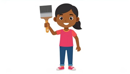 cartoon illustration of little girl with paintbrush on white background